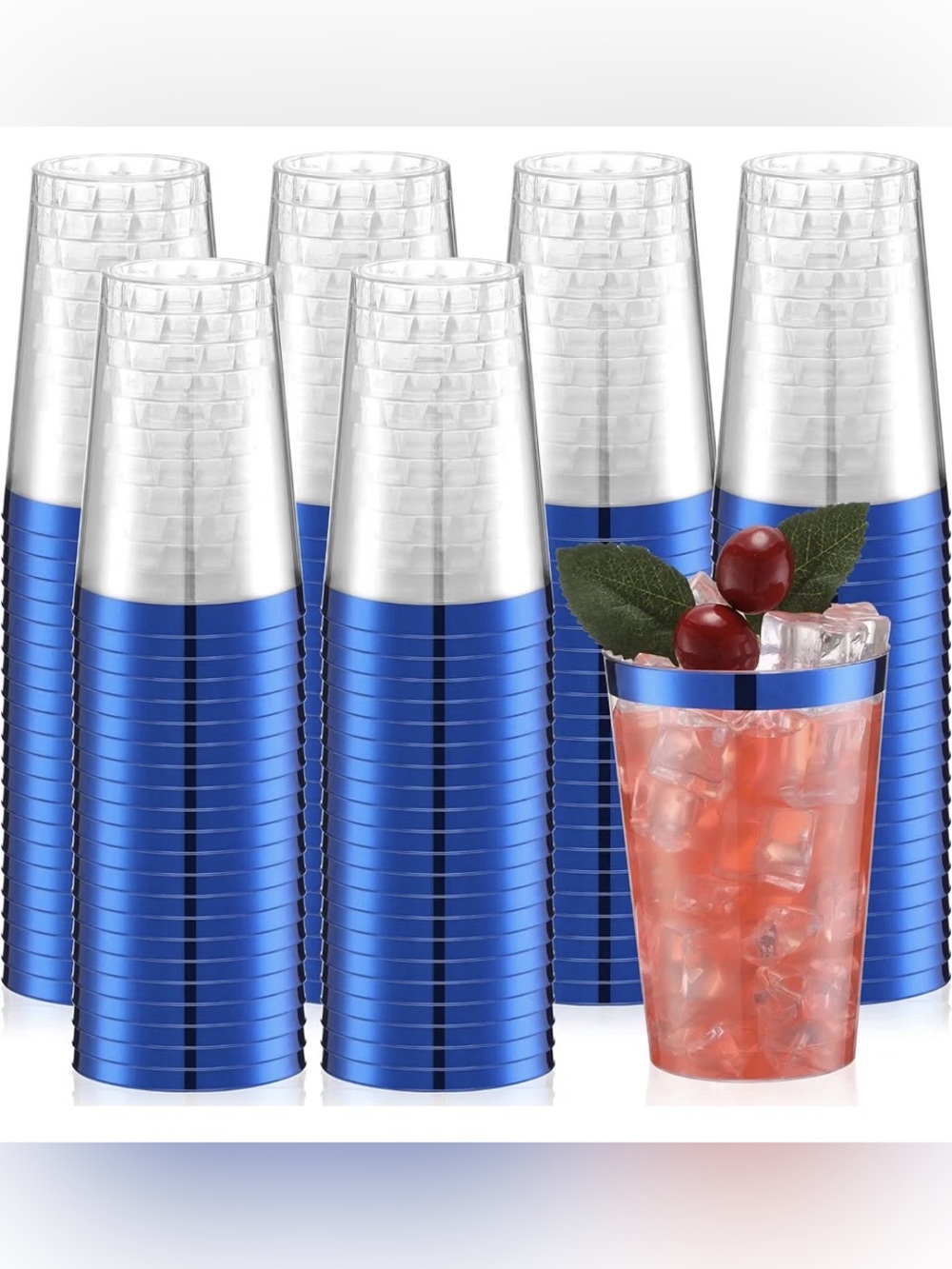 100 Pcs Blue Plastic Cups 12 oz Disposable Cup with Blue Rim
